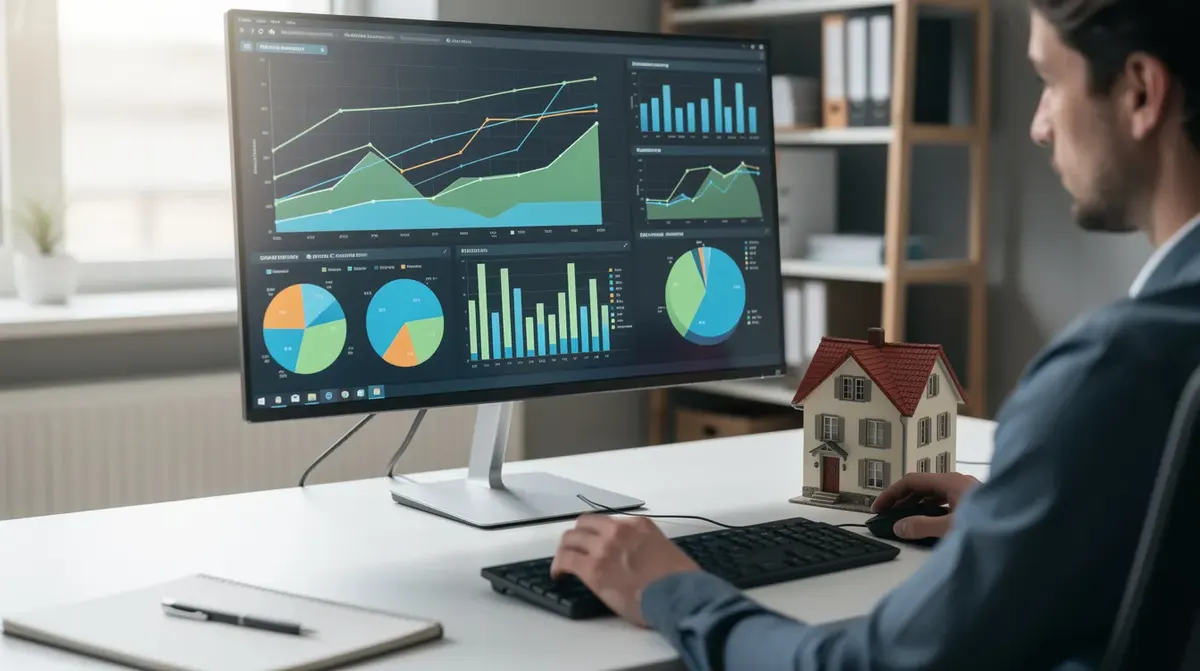 A person seated at a desk, intently analyzing data charts displayed on a large monitor, with a small model house positioned next to the…
