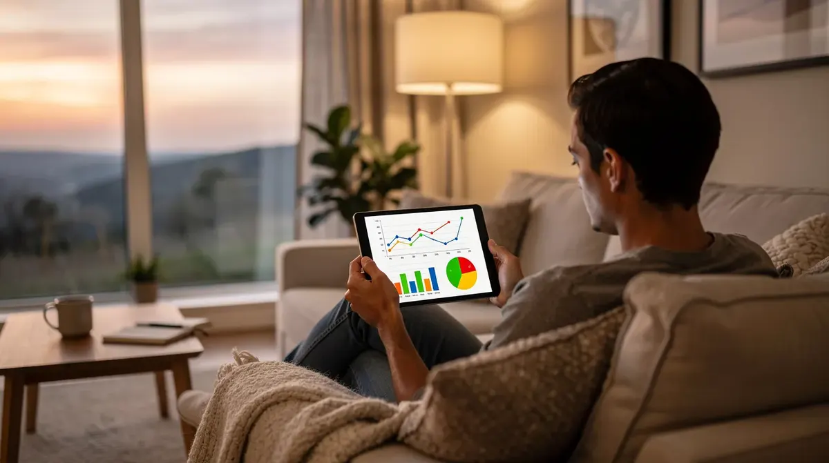 A person is seated in a cozy vacation rental living room, intently reviewing charts and graphs on a tablet, likely analyzing market data…