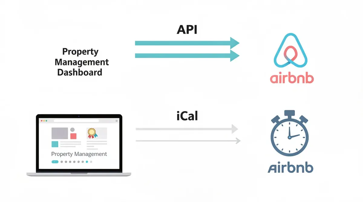The diagram illustrates two data flow paths for property management: one labeled "API" with instant bidirectional arrows connecting a…