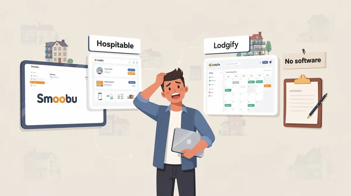 A man contemplating his options for managing his vacation rental business, weighing the benefits of various vacation rental software…