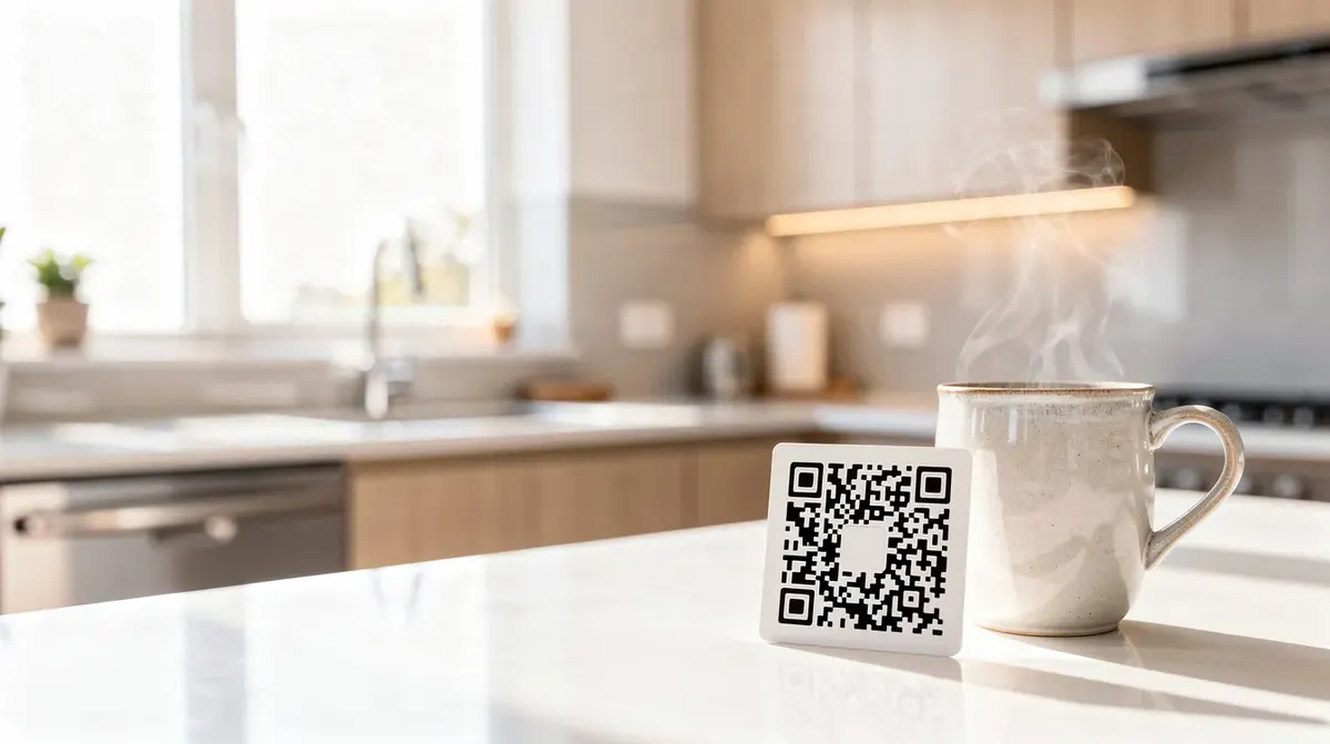 A small QR code card is positioned next to a coffee mug on a kitchen counter in a bright, modern vacation rental, inviting guests to…