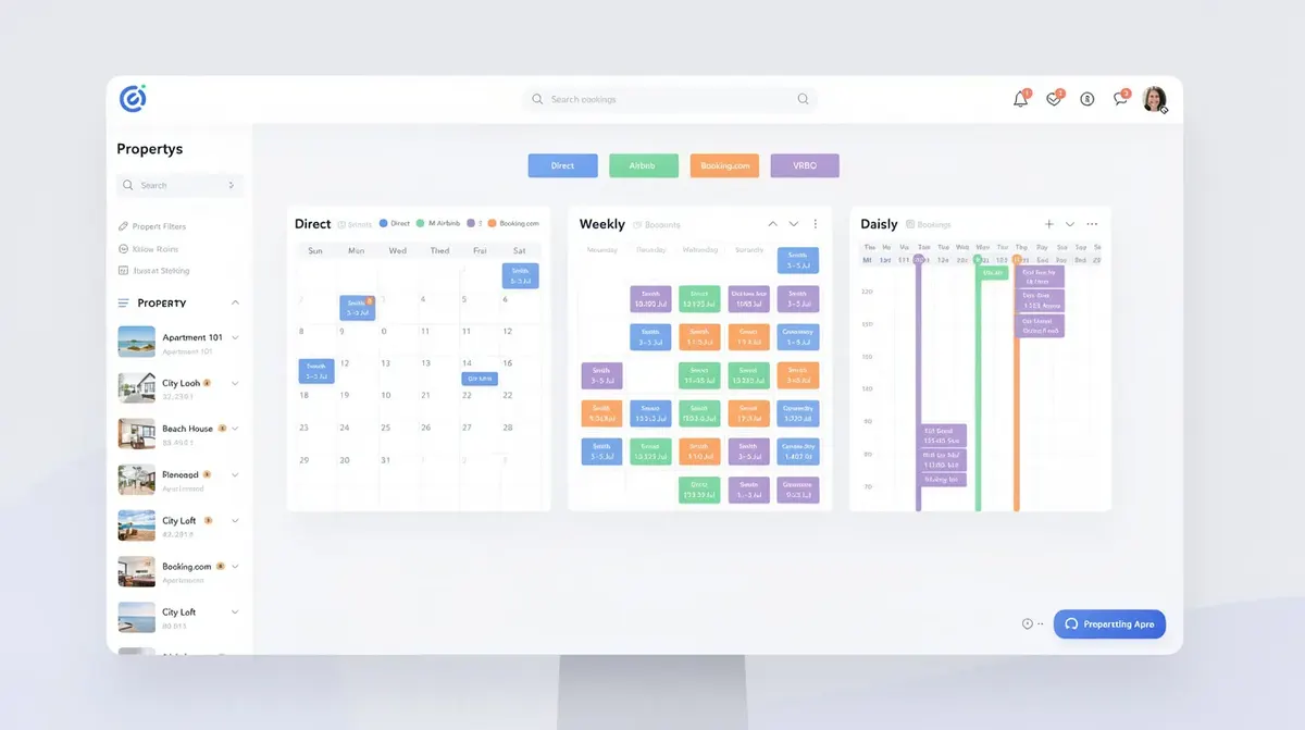 A property management dashboard featuring multiple calendar views, showcasing color-coded bookings from various channels synced side by…