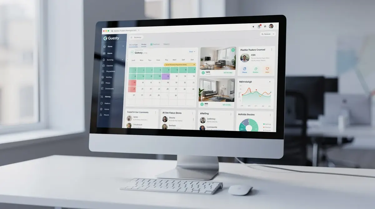 The Guesty dashboard on a modern computer screen, showcasing essential tools for property managers to efficiently manage vacation rental…