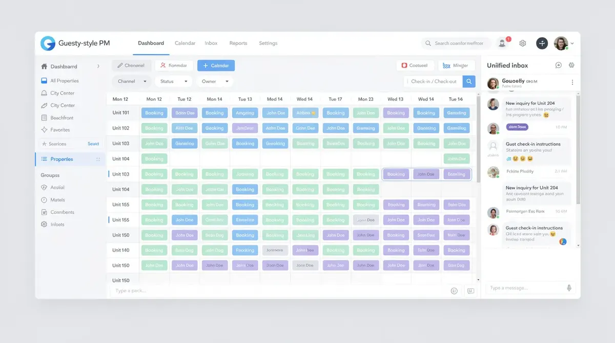 A Guesty-style multi calendar and unified inbox designed for property managers overseeing a 50-unit property management portfolio.