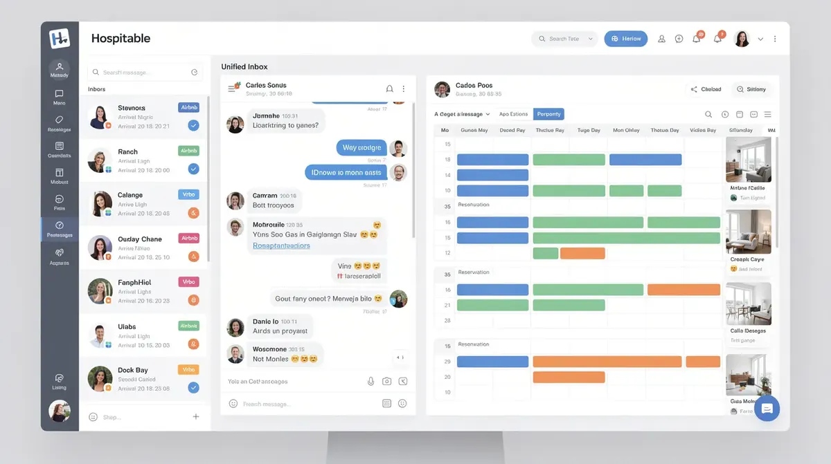 The Hospitable unified inbox and calendar view, showcasing color-coded reservations for multiple properties alongside guest message…