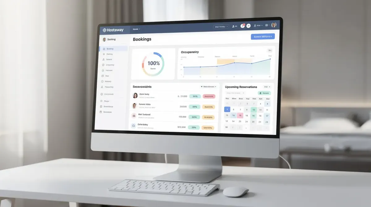 The Hostaway main dashboard on a modern computer screen, showcasing features for property managers, including guest communication tools,…