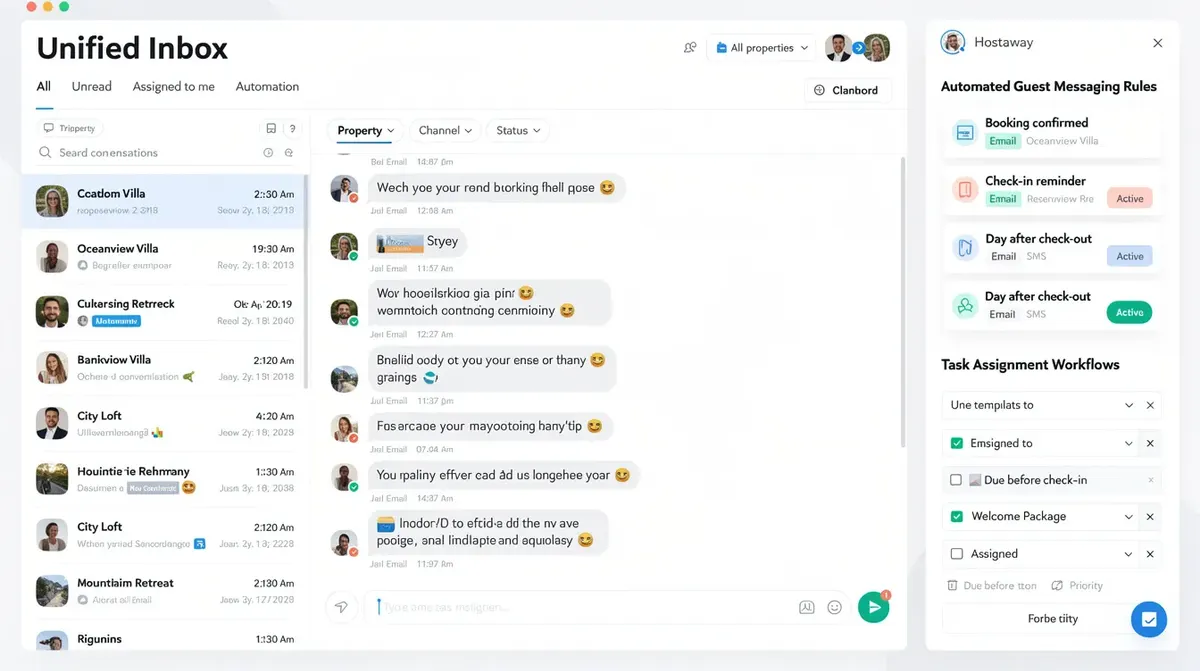 The Hostaway unified inbox, showcasing automated guest messaging rules and task assignment workflows specifically designed for a…