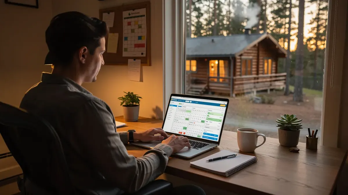 A person is sitting at a desk with an open laptop, efficiently managing vacation rental calendars using a user-friendly property…