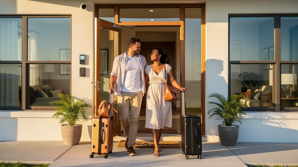 A smiling couple stands at the front door of a bright modern vacation rental, ready to check in with their luggage in hand.