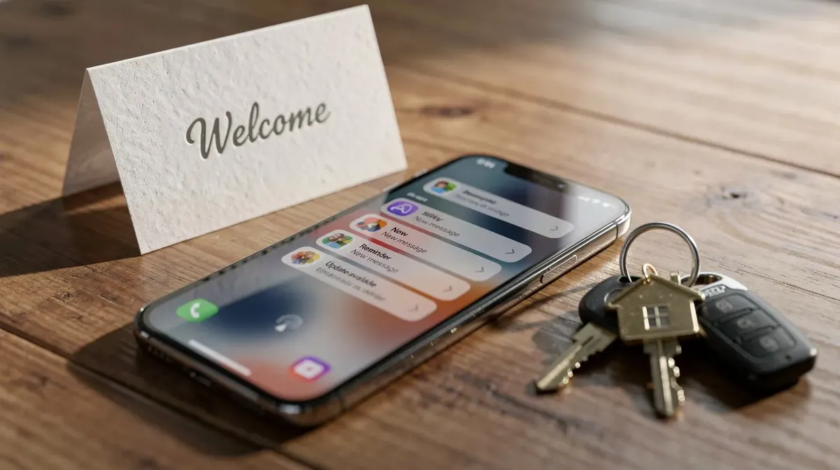 A smartphone displaying various notification alerts is placed on a table beside a set of keys and a small welcome card, suggesting…