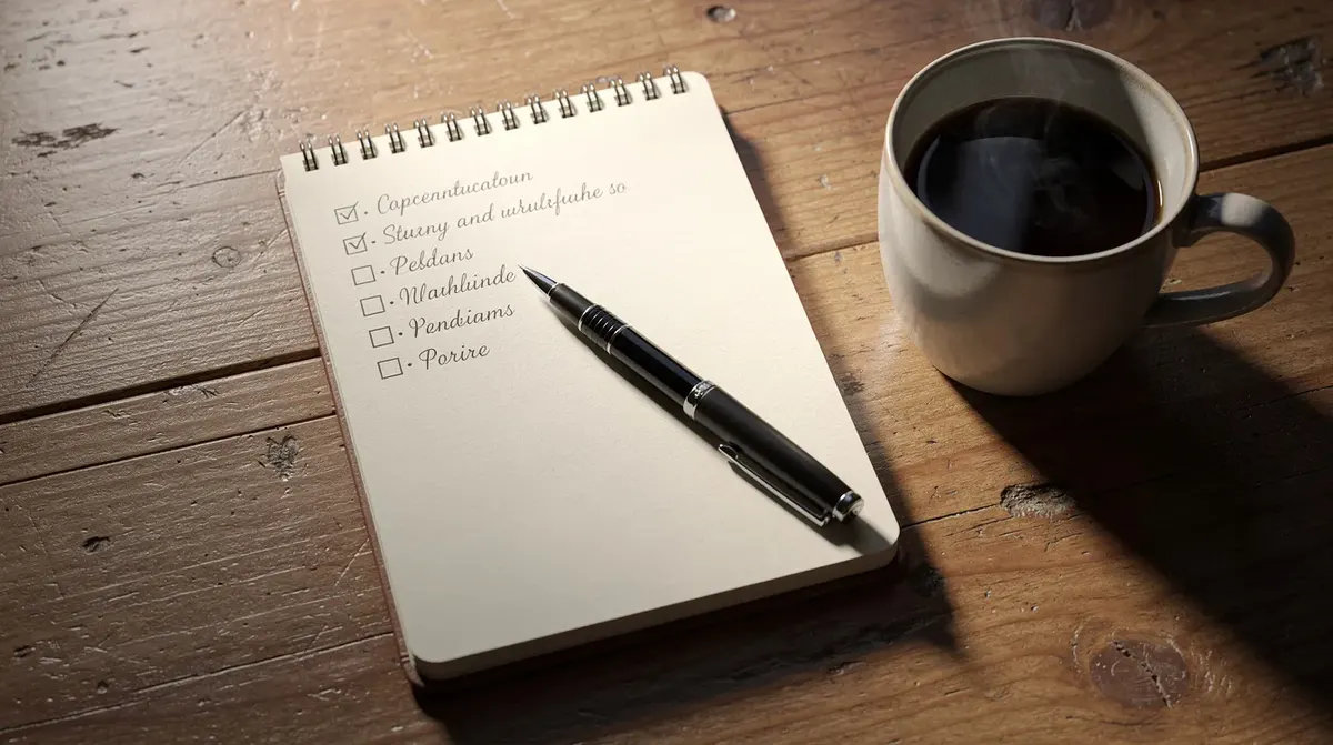 A wooden desk is adorned with a notebook featuring a checklist, a pen resting beside it, and a coffee mug, suggesting a workspace setup…