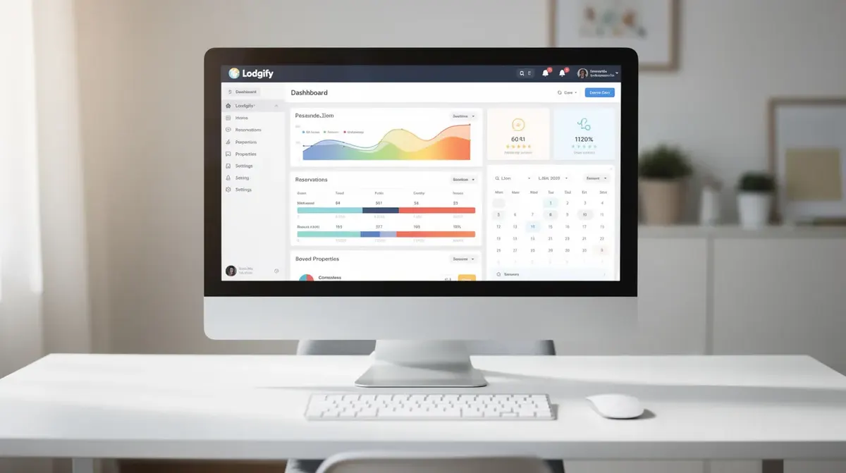 A modern computer screen displaying the Lodgify dashboard, designed for vacation rental managers.