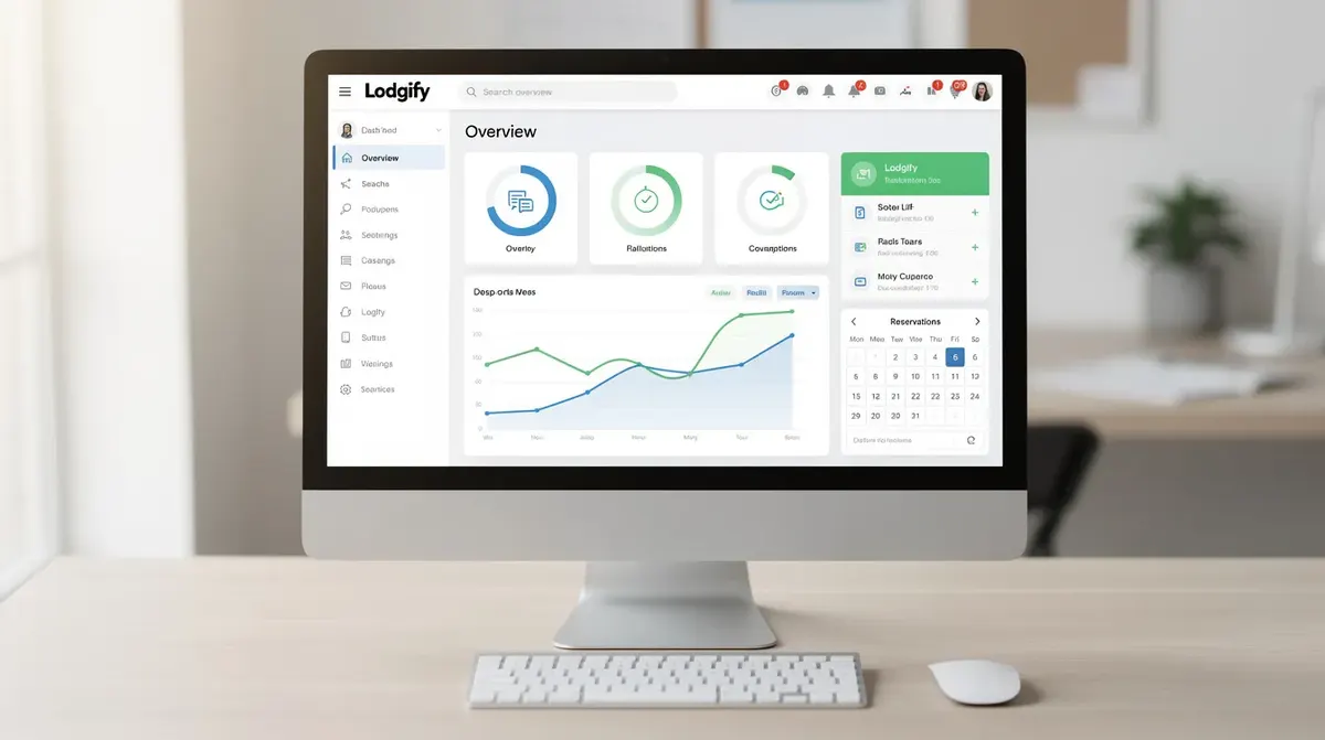 The Lodgify main dashboard on a modern computer screen, showcasing features like calendar synchronization, task management, and…