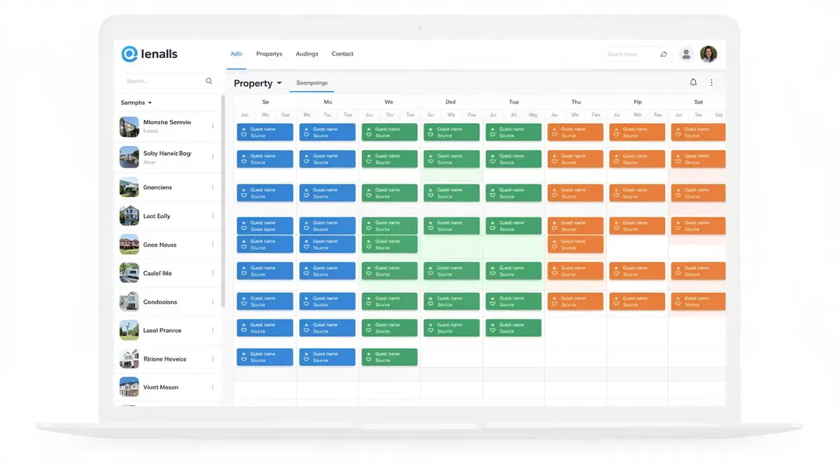 A vacation rental management dashboard featuring a color-coded calendar grid, with multiple property rows indicating booking blocks in…