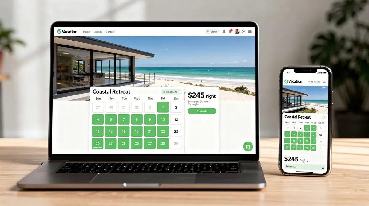 A laptop and smartphone showcasing a direct booking website for a vacation rental, displaying a stunning coastal property as the hero image.