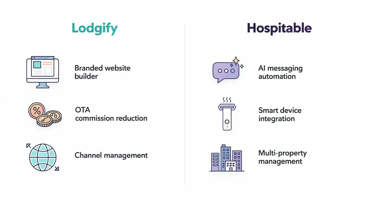 A side-by-side infographic comparing Lodgify and Hospitable, showcasing their respective features.