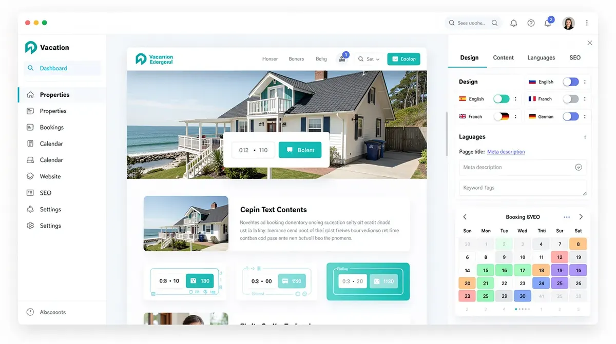 A sleek and modern vacation rental website builder dashboard, showcasing drag-and-drop customization tools, multiple language options,…