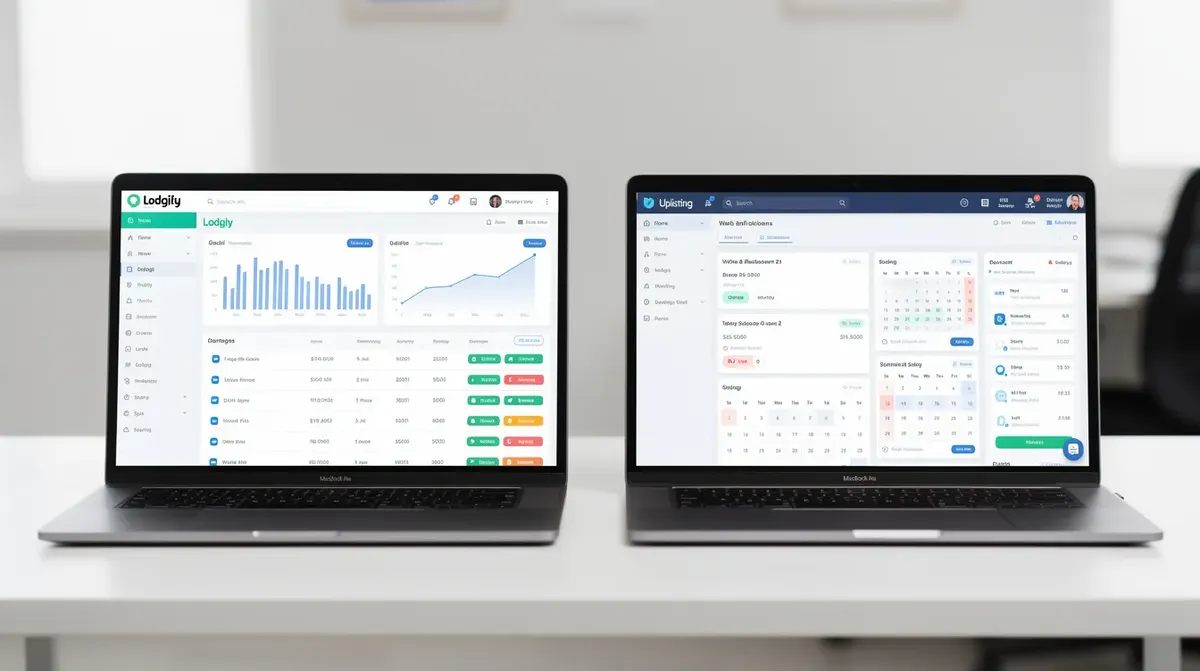 A side-by-side comparison of the dashboard interfaces of Lodgify and Uplisting, highlighting their user-friendly platforms for property…