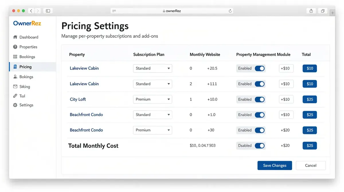 The OwnerRez pricing settings page, highlighting options for per-property subscriptions and various optional add-ons, such as a direct…