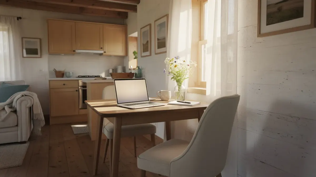 A small, cozy vacation rental cottage with a laptop open on the kitchen table, suggesting a space conducive to managing direct bookings…
