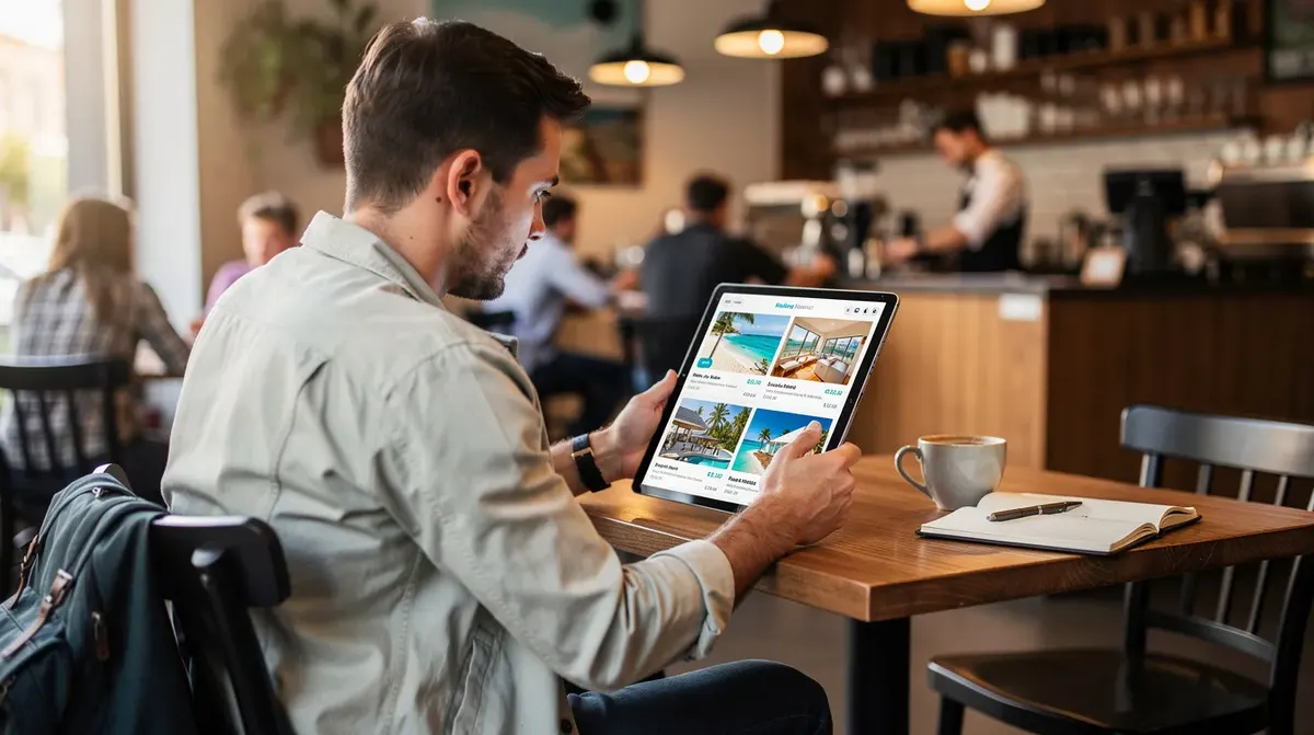 A traveler is sitting in a coffee shop, browsing vacation rental listings on a tablet, exploring various property details and pricing…