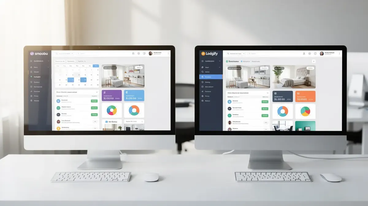 Two modern computer screens side by side, one showcasing the Smoobu main dashboard and the other featuring the Lodgify main dashboard,…